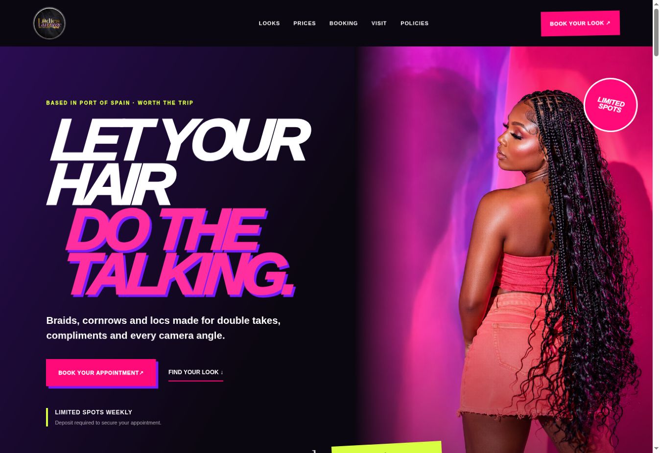 Ladies’ Language salon homepage with a model and service navigation