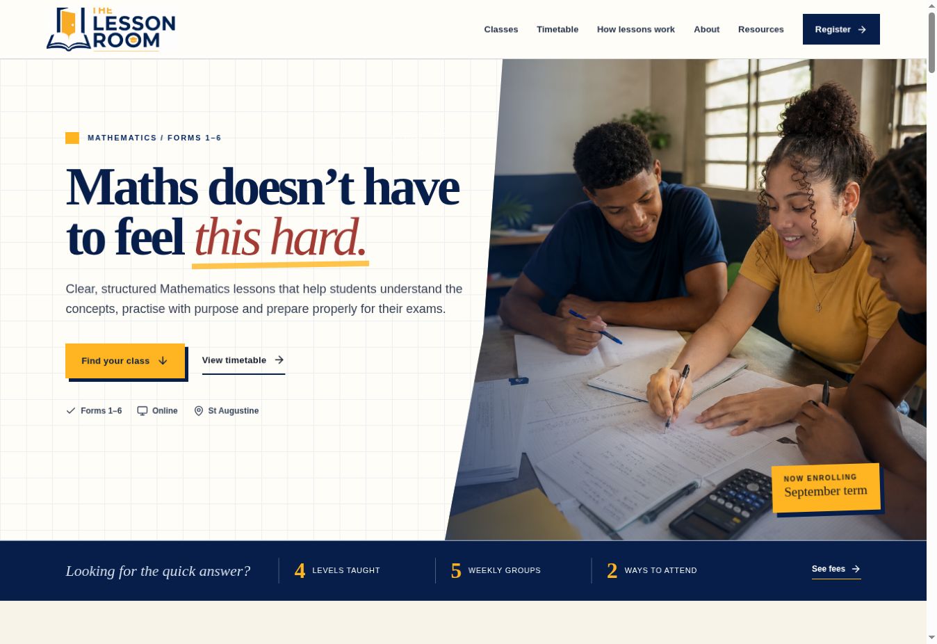 The Lesson Room homepage with its tutoring introduction and student photograph
