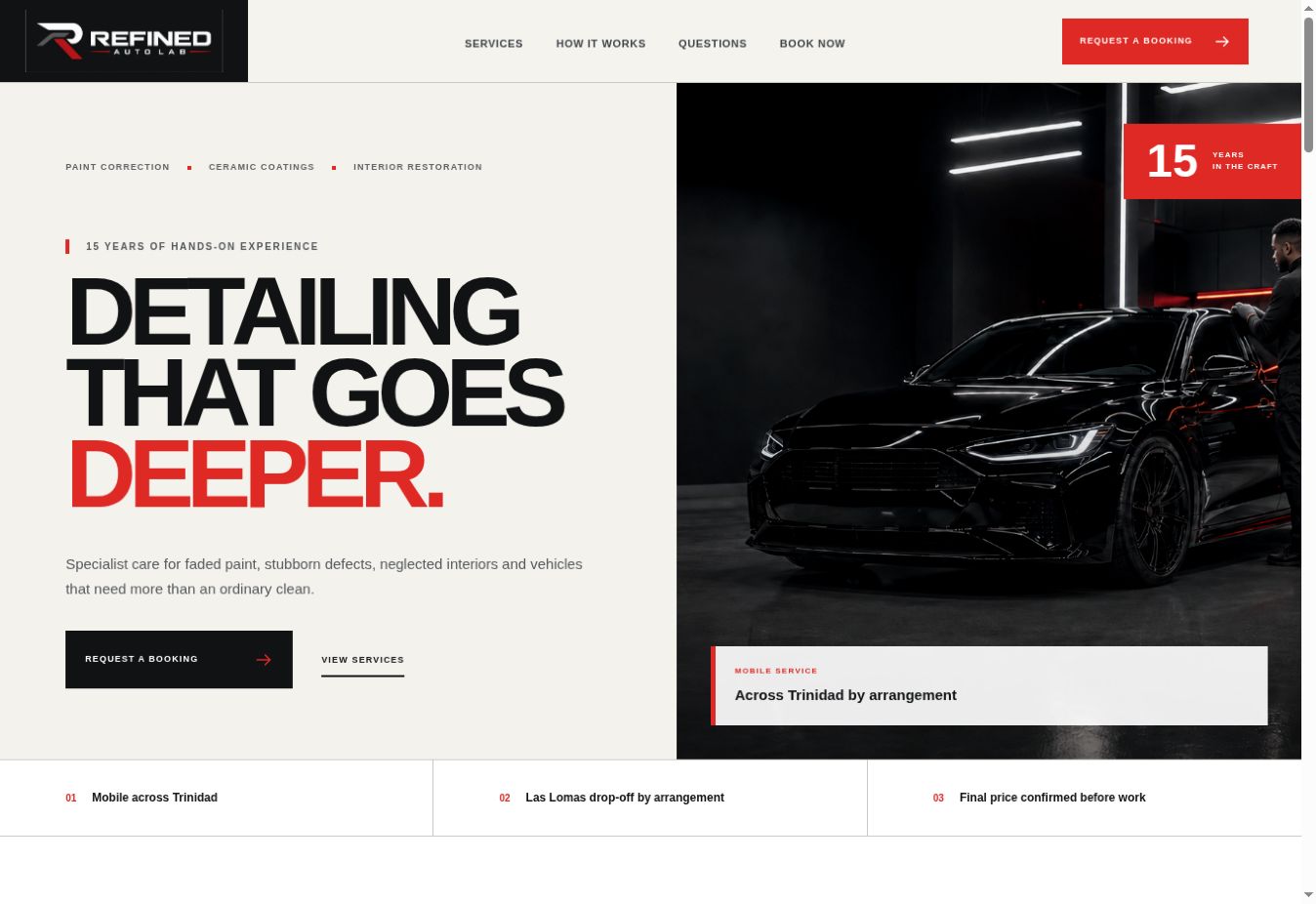Refined Auto Lab homepage showing its vehicle detailing service
